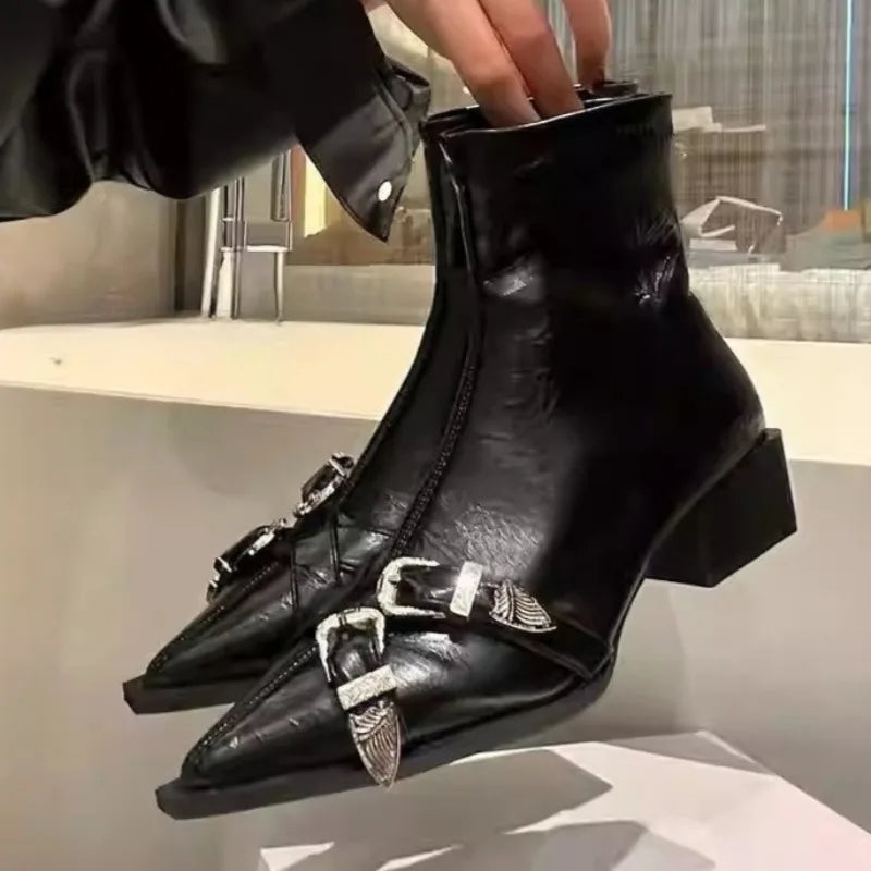 2026 Fashion Buckle Decor Side Zipper Casual Women's Ankle Boots New Solid Pointed Toe Mid Heel Comfort Outdoor Boots for Women
