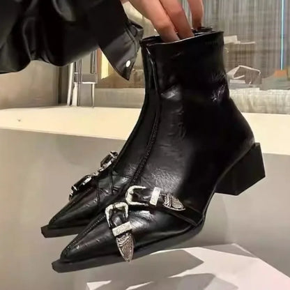 2026 Fashion Buckle Decor Side Zipper Casual Women's Ankle Boots New Solid Pointed Toe Mid Heel Comfort Outdoor Boots for Women