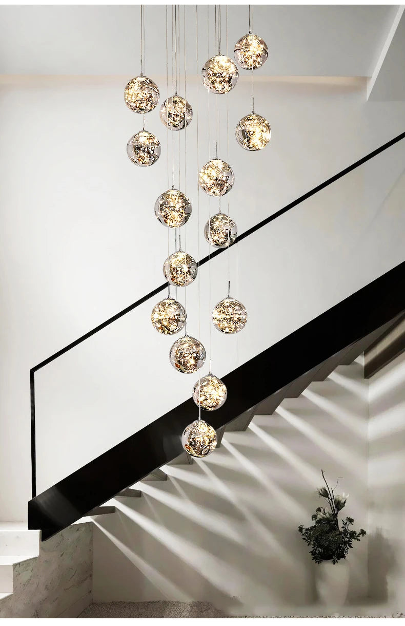 Modern LED Chandelier Glass Ball Dimmable Pendant Lamp for Staircase Living Room Home Decor Suspension Lighting Design Lusters