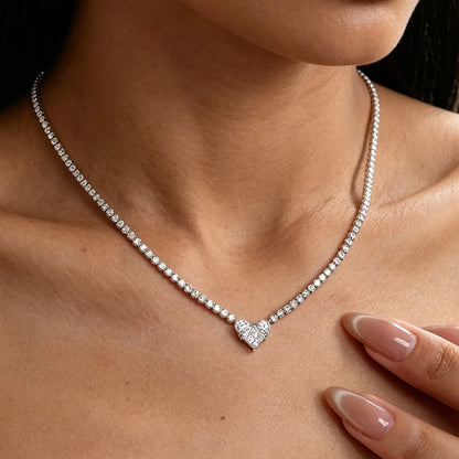 CEICI GRA Certified Full Moissanite Tennis Necklace for Women 925 Sterling Silver with Heart Diamond Pendant Adjustable Choker