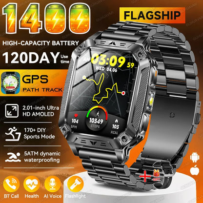 2026 New Outdoor GPS Smart Watch 1400mAh High Capacity Battery 2.01" Sapphire Screen 10ATM Waterproof Dual-color Lamp Smartwatch