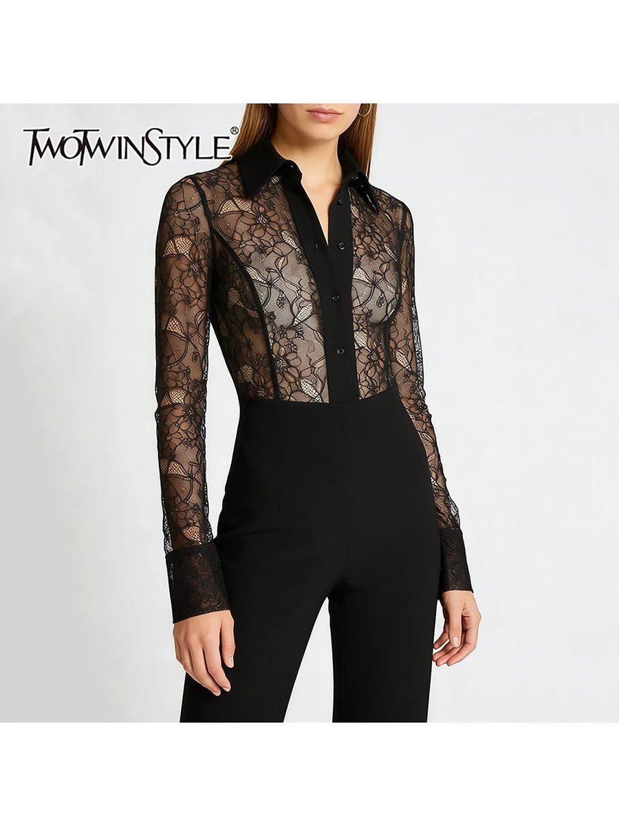 TWOTWINSTYLE Solid Slimming Sheer Spliced Lace Sexy Rompers for Women Lapel Long Sleeves Patchwork Single Breasted Romper Female