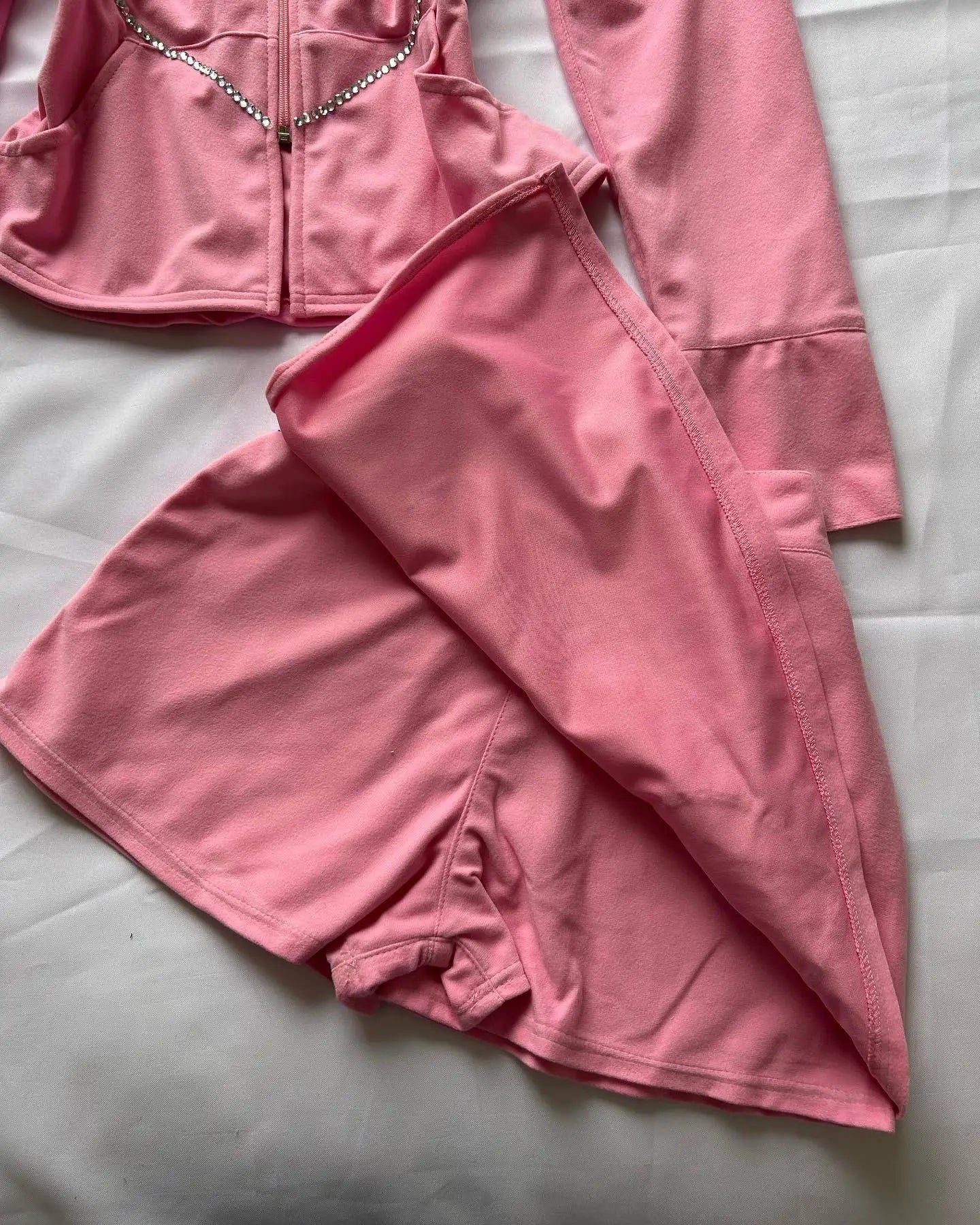 Y2K Pink High Waist Mini Skirt with Rhinestone Heart Juicy Logo Bow Soft Velour A-line Preppy Kawaii Streetwear for Women