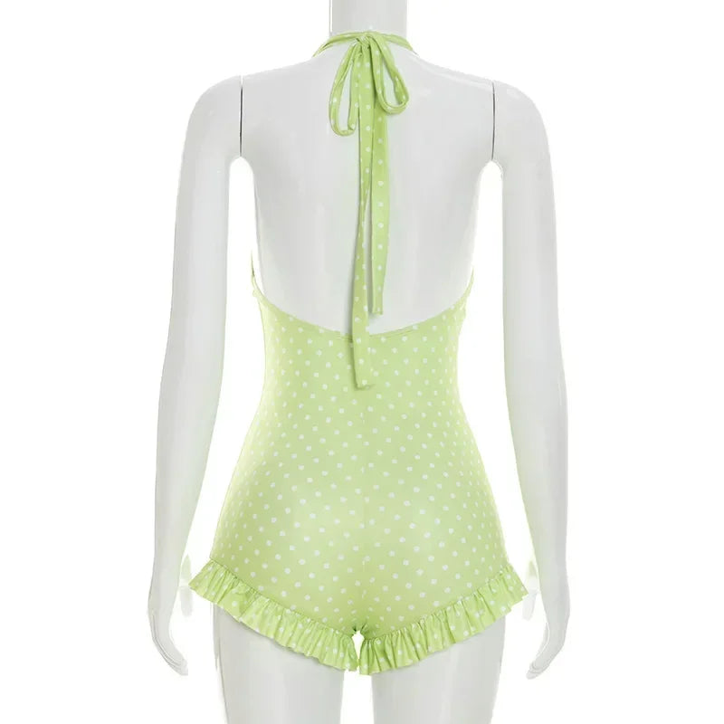 Bandage Halter Playsuits Women Polka Dot Print Summer Ruched Outfits Slim Backless Sleeveless V Neck Rompers Vacation Beach Gift
