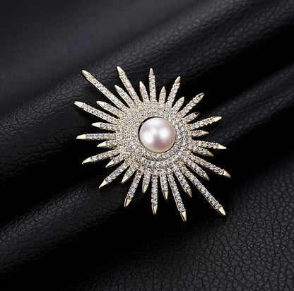 New Full Rhinestone Sun Flower Brooches For Women Luxury Big Pearl Brooch Pins Jewelry Dress Suit Accessories Wedding Gifts