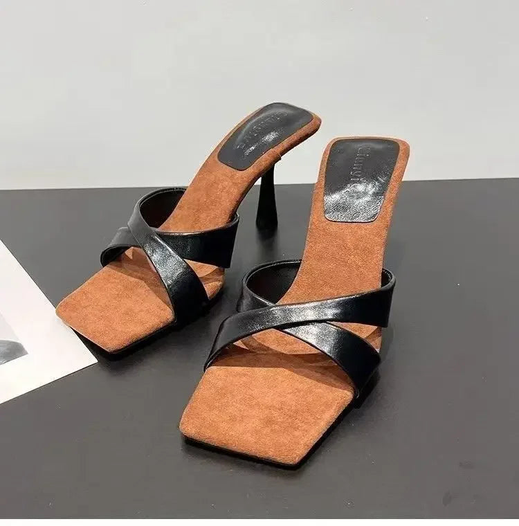 Square Toe Women's High Heels Slippers Elegant Sandals Fashion Shoes Dress Pumps Woman Slides New Luxury Female Flip Flops