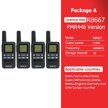 Retevis RB667 Walkie Talkie 2pcs/4pcs PMR446/FRS Portable Type-C Lincense-free Two Way Radio 1.44 Inch LCD Display for Camping