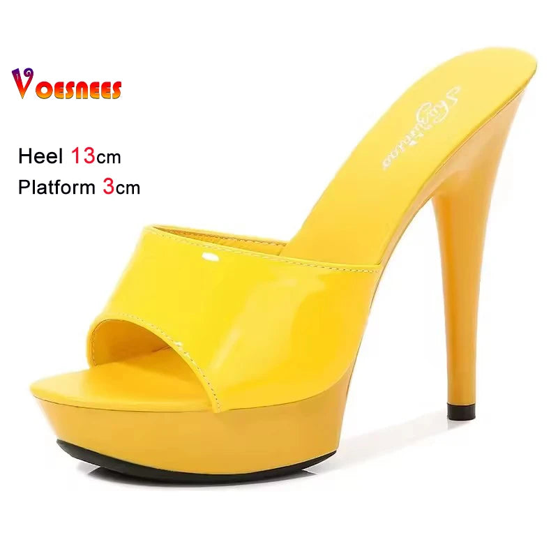 13CM Womens Slippers Mule Patent Leather Sandals Sexy Slides Party Shoes Woman Luxury Red Sandals Summer Platform Bottom Pumps