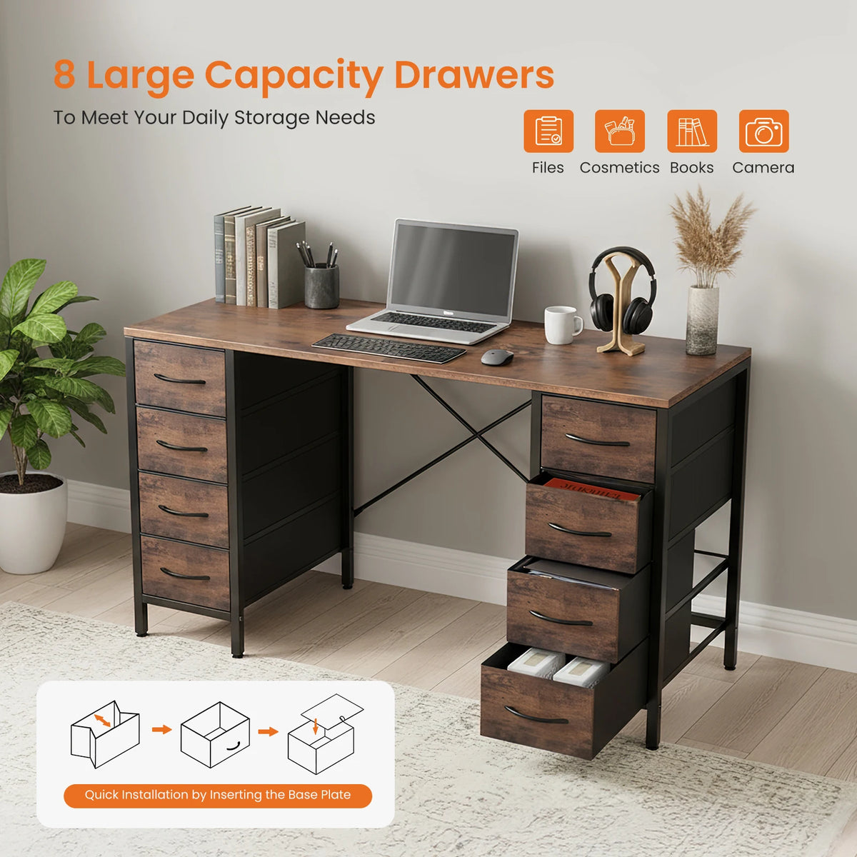 MCQ 47 Inch Standing Office Computer Desk with 8 Fabric Drawers Ergonomic X-Shaped Reinforced Structure Writing Study Work Table Gaming Table for Home Office Use Workstation ﻿