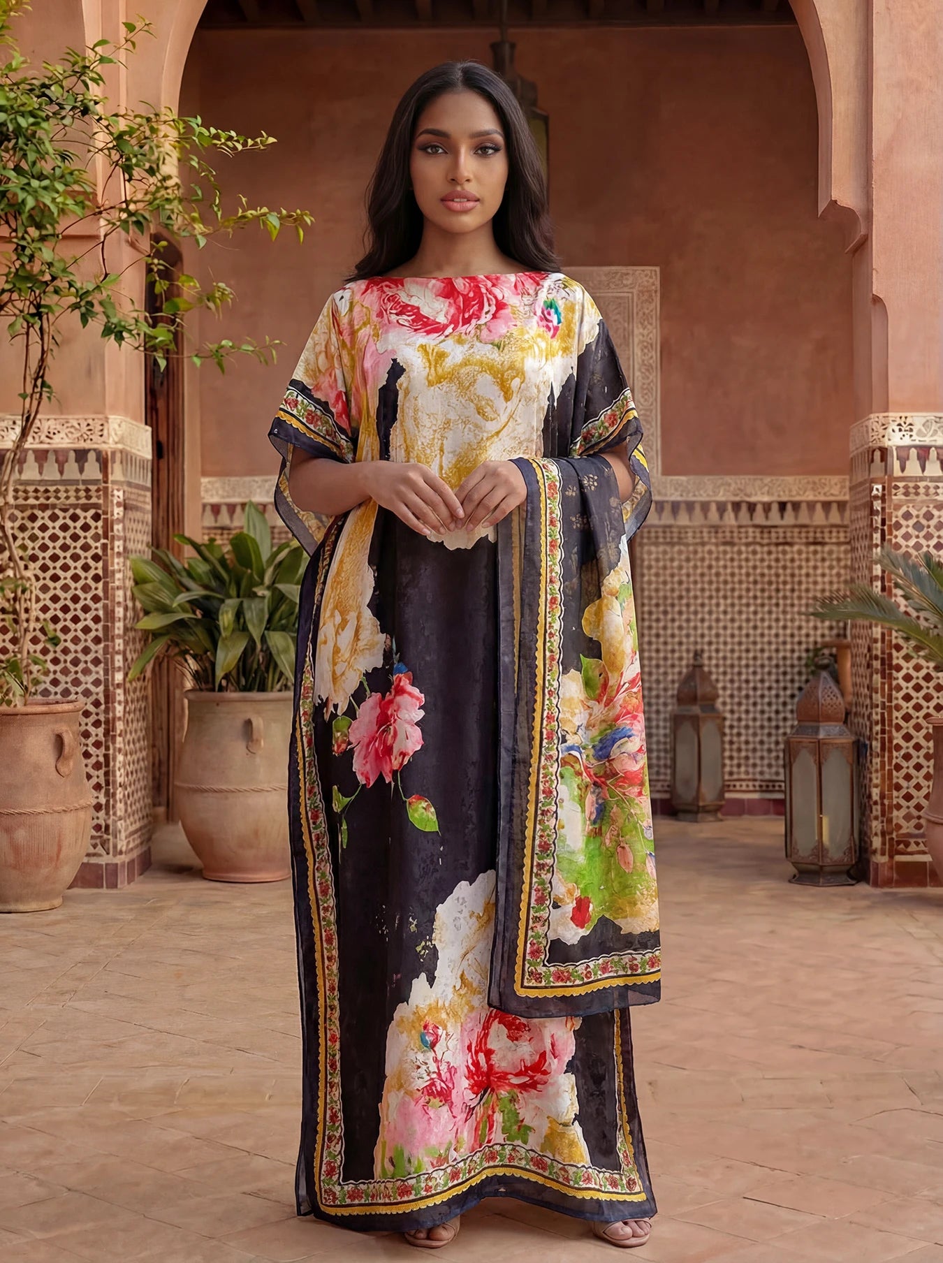 Women's Long Shawl Dubai Fashion Print Design Silk Soft Summer Beach Party Dress Accessory Loose Fit African Abaya MOOMOO
