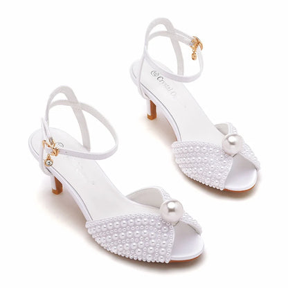 Maogu 6cm Fish Mouth High Heeled Sandals Buckle Wedding Bride Luxury Designer Shoes Heels Pearl Sandal Ladies Shoe Large Size 43