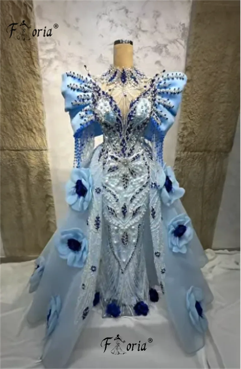 Exquisite Beads Pearl Women's Evening Dresses with Detachable Train Blue Dubai 3D Flowers Appliques Wedding Gowns Couture Party