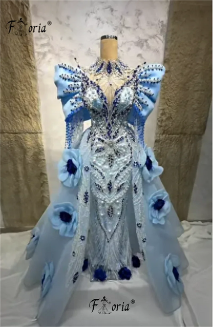 Exquisite Beads Pearl Women's Evening Dresses with Detachable Train Blue Dubai 3D Flowers Appliques Wedding Gowns Couture Party