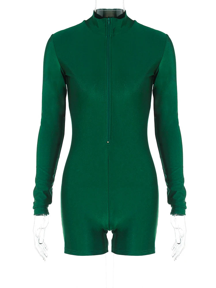Hugcitar Solid Turtleneck Long Sleeve Zip Up Sexy Slim Skinny One Piece Playsuit 2024 Fall Women Fashion Streetwear Party Romper