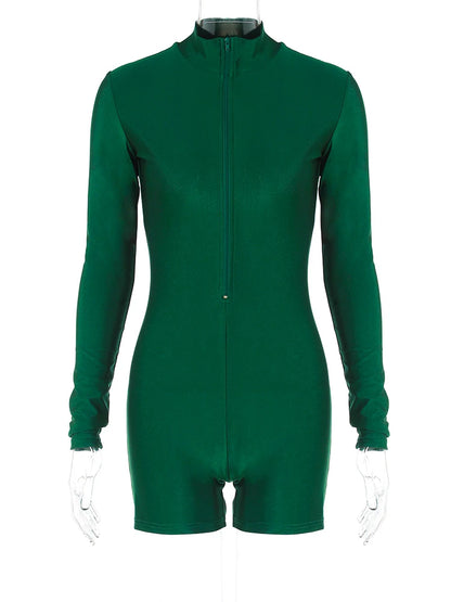 Hugcitar Solid Turtleneck Long Sleeve Zip Up Sexy Slim Skinny One Piece Playsuit 2024 Fall Women Fashion Streetwear Party Romper