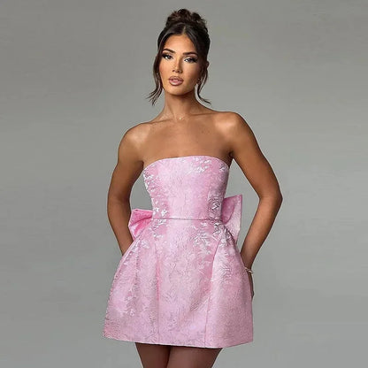 Evening Party Dresses Women 2026 Summer Sexy Fashion Bow Dress Elegant Jacquard Lace Up Backless Birthday Short Dress