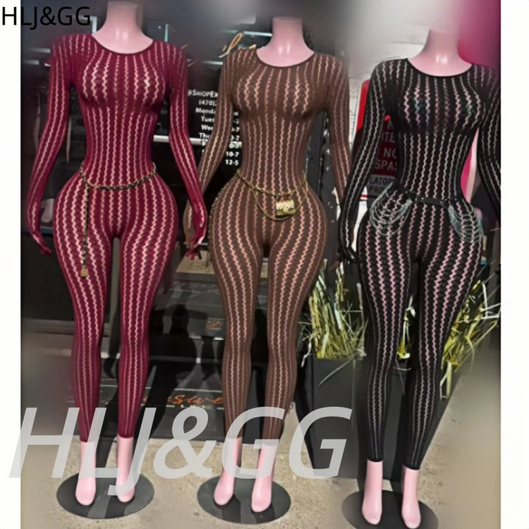 HLJ&GG Sexy Mesh Stretchy See Though Bodycon Jumpsuits Women Round Neck Long Sleeve Slim Playsuits Fashion Print Overalls 2025