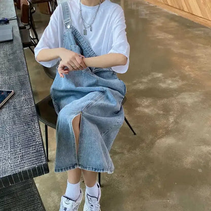 Korean style Denim Overall Dress Women Sleeveless Jeans Dresses Female Solid Slip Casual Loose Spaghetti Strap Dresses