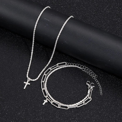 Sparkling 925 Sterling Silver Gypsophila Necklace Bracelet Set For Women Luxury Zircon Cross Pendant Three Piece Jewelry Set