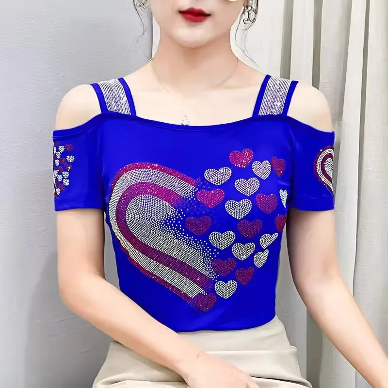 High Quality Elasticity Clothes Fashion T-Shirts Women's Sexy Off Shoulder Shiny Diamonds Mesh Tops Summer Tees Shirt