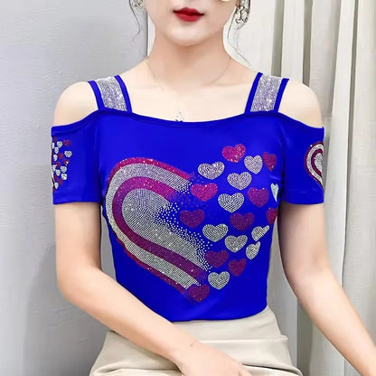 High Quality Elasticity Clothes Fashion T-Shirts Women's Sexy Off Shoulder Shiny Diamonds Mesh Tops Summer Tees Shirt