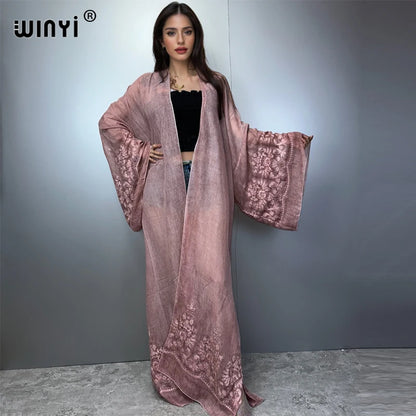 WINYI Kimono Hand-Dyed Embroidered Cardigan Beachwear Evening Dress Abaya Dubai Luxury Cover-Ups Beach Outfits Women Maxi Coat