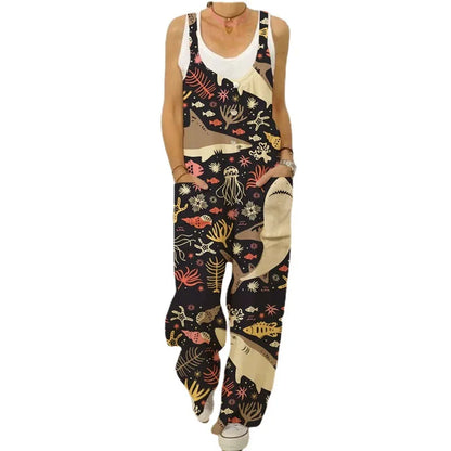 Women's Sleeveless Jumpsuit 2022 Summer Boho Floral Wide Leg Long Pants Rompers Ladies Strap Plus Size Casual Loose Bib Trousers