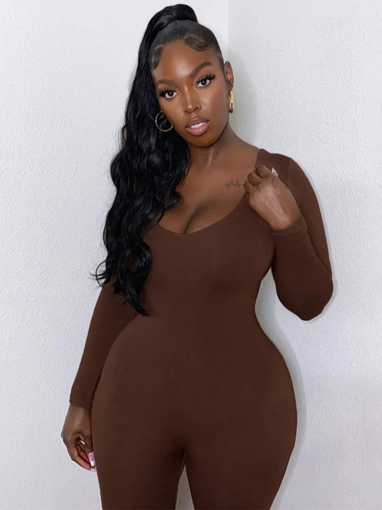 Hugcitar 2025 Square Collar Solid Long Sleeve Stretchy Bodycon Jumpsuits Winter Women Fashion Romper Streetwear Sport Wholesale