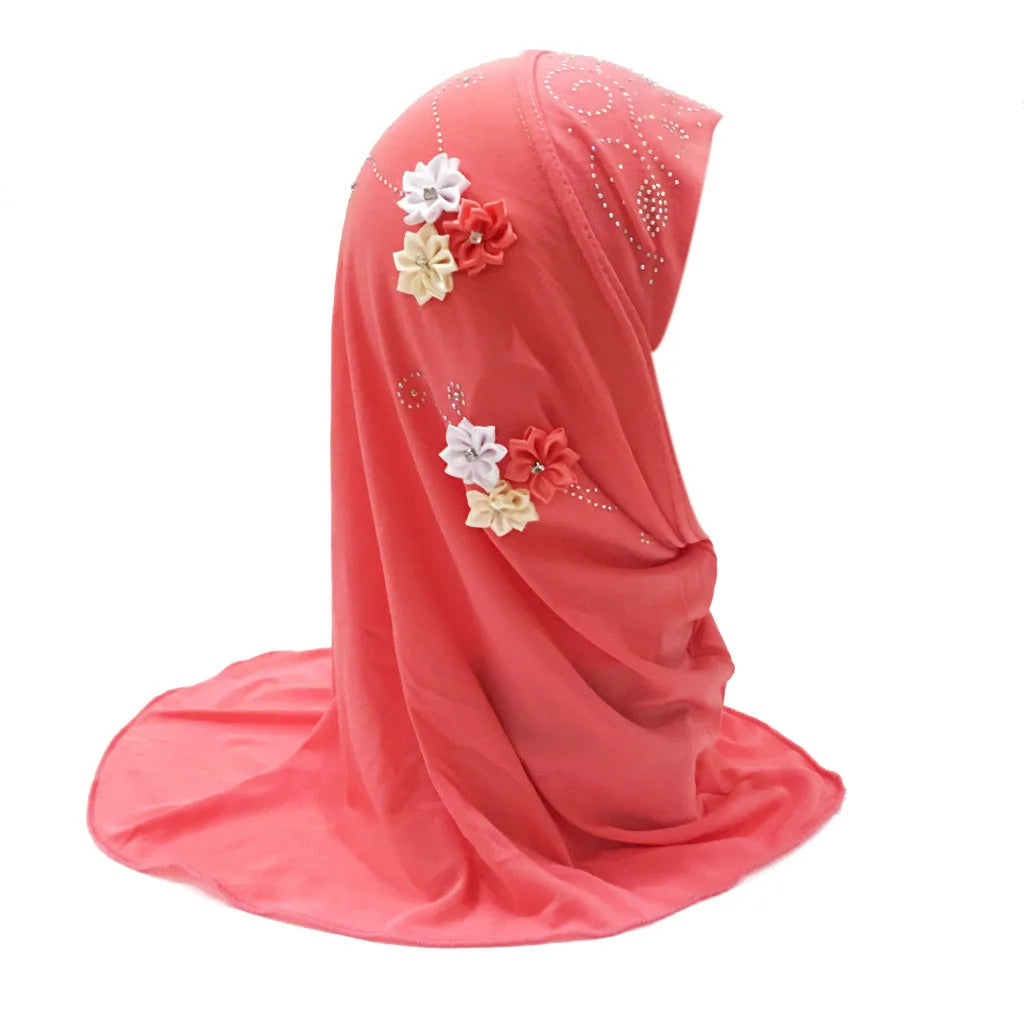 BOHOWAII Kids Girls Muslim Instant Hijab Ready To Wear Islamic Shawls Turban with Flowers Scarfs Jersey Head Wrap (2-7 Y)