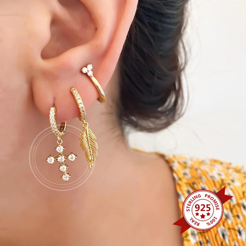 White Color Zircon Hoop Earrings 925 Sterling Silver Needle Cross/Star/Flower/Water Drop Pendant Gold Earrings Luxury Jewelry