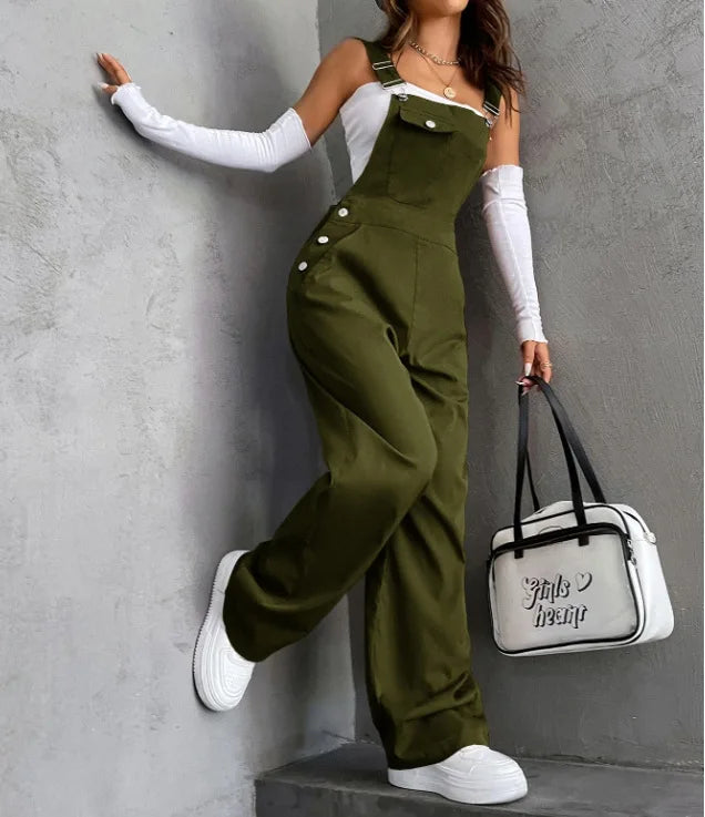 Women's Casual Bib Overalls Adjustable Shoulder Strap Pocket Wide Leg Jumpsuit Loose Straight Women Streetwear Suspender Pants