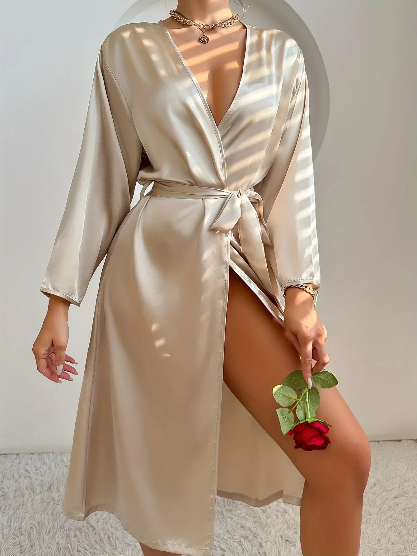 Women's Satin Robe Belted Elegant Solid Color Silky Comfort Bathrobe Loungewear