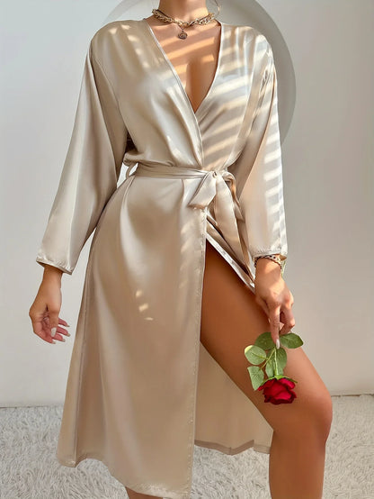 Women's Satin Robe Belted Elegant Solid Color Silky Comfort Bathrobe Loungewear