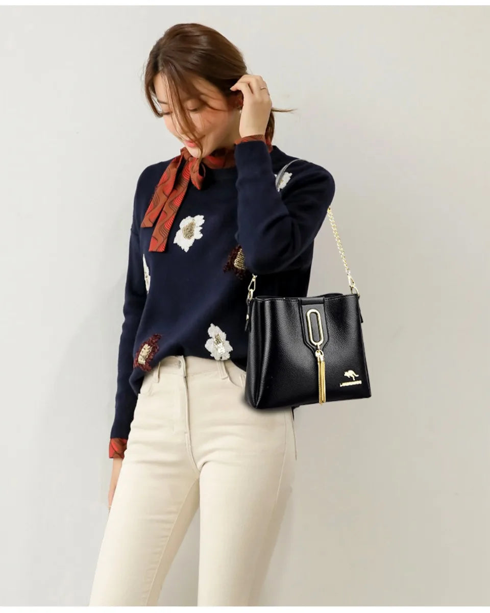 Luxury Hand bags For Women High Quality Pu Leather Three layers Ladies Shoulder Crossbody Bag Bucket Tassel Commuting Sac A Main
