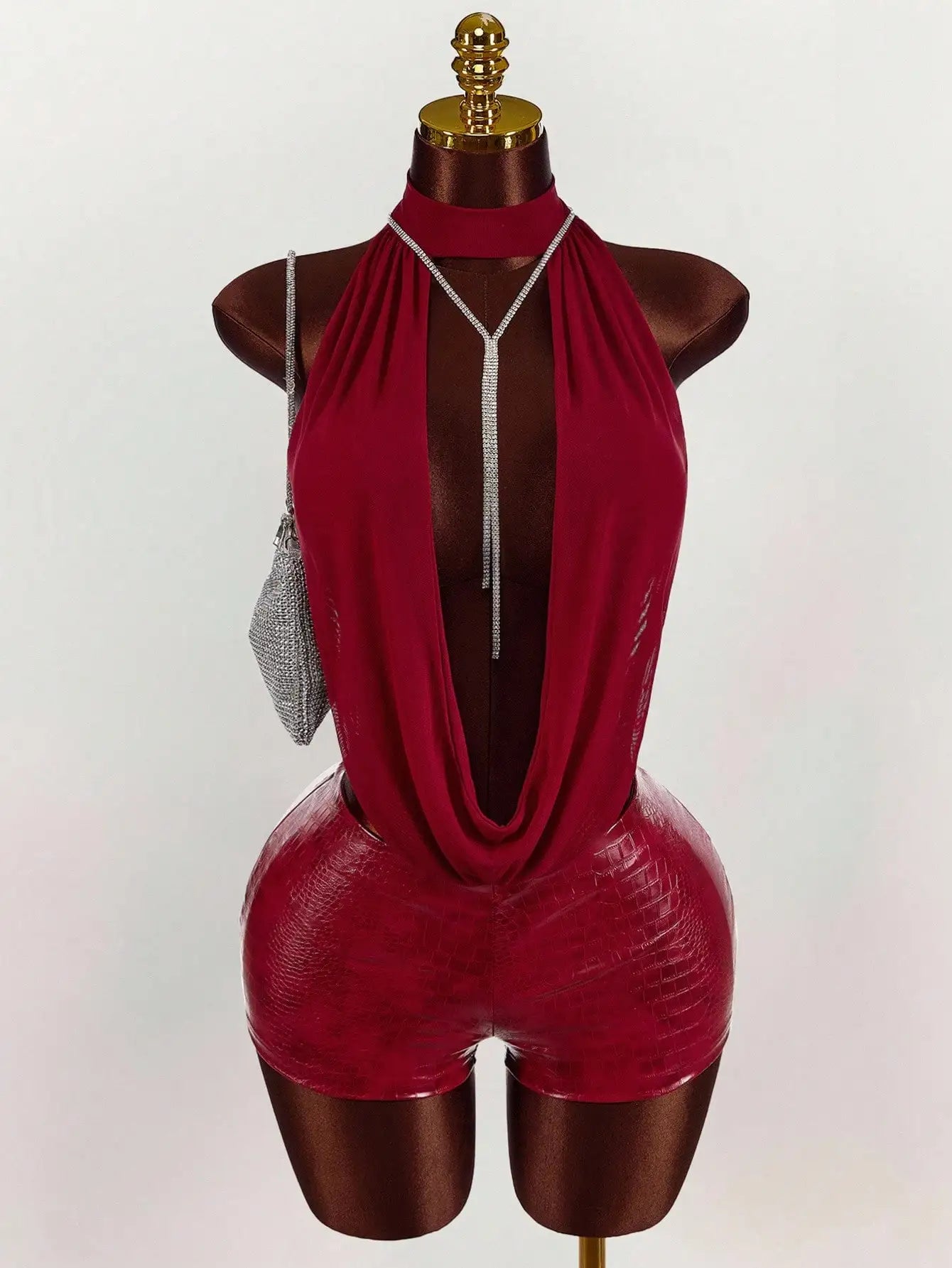 Women's Solid-Color Mesh Halter Top and Leather Jumpsuit