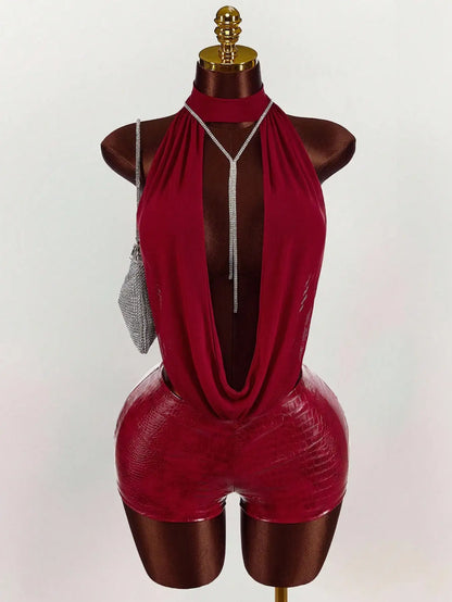 Women's Solid-Color Mesh Halter Top and Leather Jumpsuit