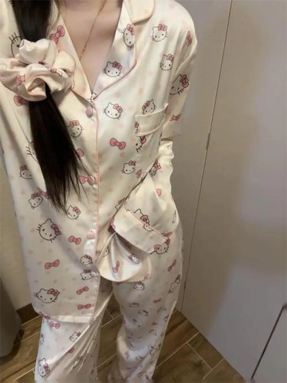 Sanrio New Pajamas 2Pcs Hello Kitty Polka Dots Pajamas Princess Style Female Autumn New Long Sleeves Dormitory Home Clothing Set