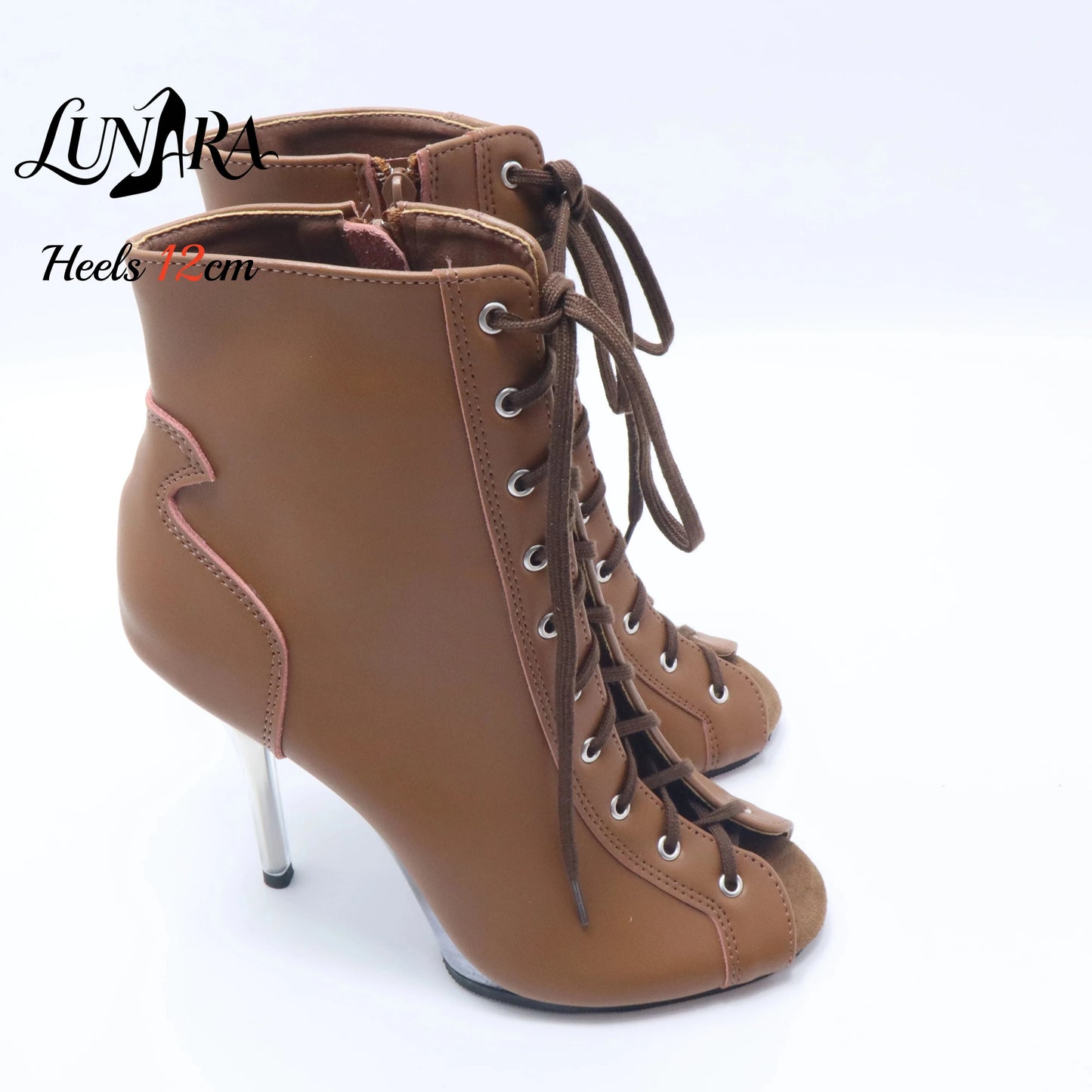 12cm/5Inch Plus size Beige PU Leather Lace-up Side zipper Peep toe High Stilettos Ankle boot Pole dancing Nightclub Rave Parties