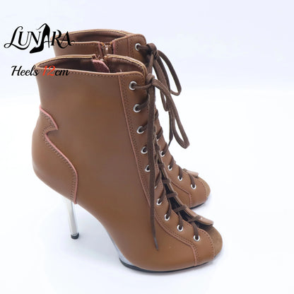 12cm/5Inch Plus size Beige PU Leather Lace-up Side zipper Peep toe High Stilettos Ankle boot Pole dancing Nightclub Rave Parties