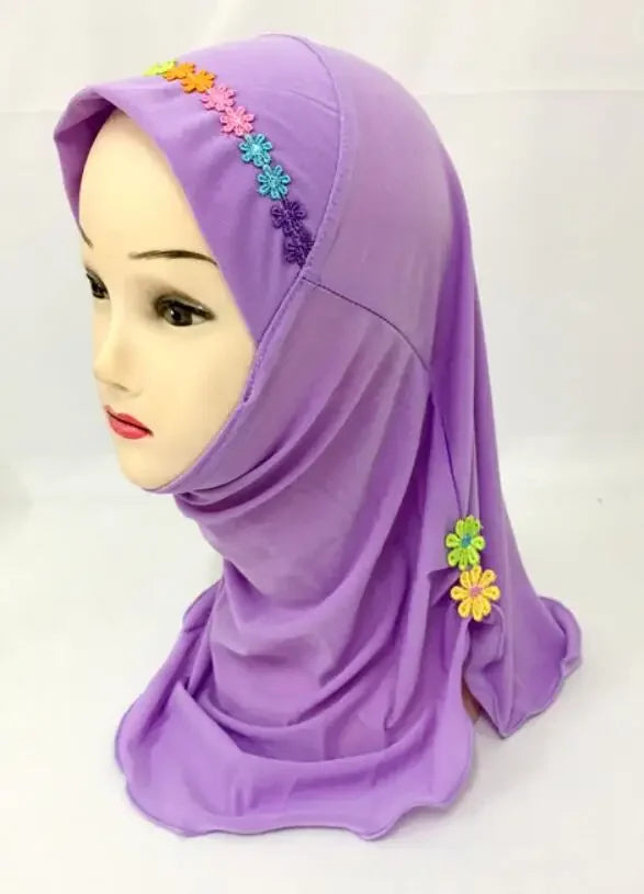 Girls Kids Muslim Beautiful Hijab Islamic Arab Scarf Shawls Flower Pattern