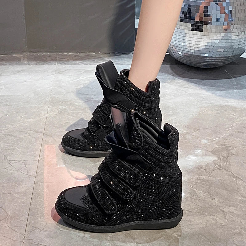 2026 Vintage Rivet Heightened Sneaker Wedge Velcro Casual Bright Diamond Booties