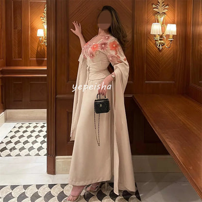 Customized Intricate Matching Jersey Sash Flower Beading Pleat Straight Square Neck Midi Dresses Bespoke Occasion Dresses Retro
