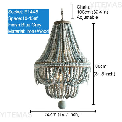 Blue Grey Wooden Beads 8 Lights Chandeliers For Foyers Vintage White Chandelier Lighting Bedroom Living Room Boho Pendant Light