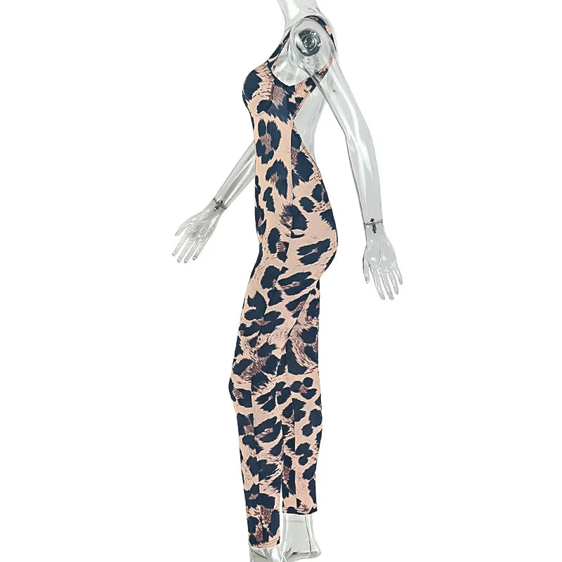 FAGADOER 2026 Sexy Leopard Print Bodycon Jumpsuits Women Fashion Spaghetti Strap Backless Rompers Streetwear Club Playsuits New