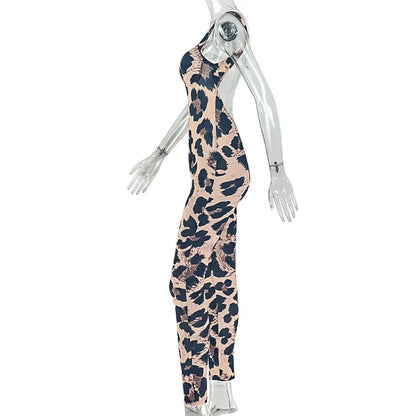 FAGADOER 2026 Sexy Leopard Print Bodycon Jumpsuits Women Fashion Spaghetti Strap Backless Rompers Streetwear Club Playsuits New