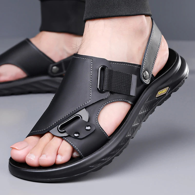 2026New Summer Mens Summer Outdoor Sandals 2-in-1 Beach Walking Shoe Genuine Leather Business Driving Shoe Flat Designer Sandals