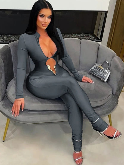 Kricesseen Sexy Hollow Out Long Sleeve Jumpsuits Women Solid Black Skinny One Piece Clubwear Birthday Party Outfits Rompers