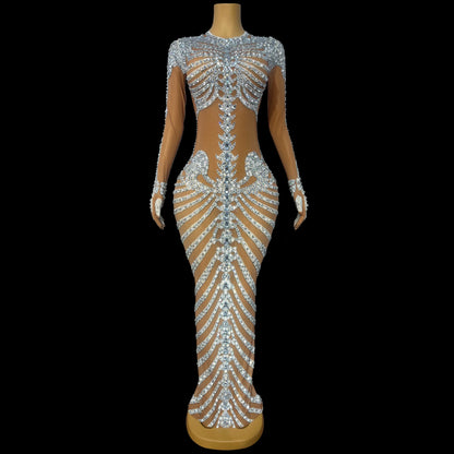 Fashion Skeleton Pattern Designed Shining Rhinestones Mesh Dress Women Halloween Party Celebrate Show Stage Outfit Kulouwang