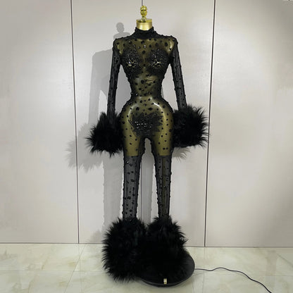STOCK Luxury Diamond Black Mesh Transparent Stretchy Long Sleeve Jumpsuit Women Sexy Performance Singer Costume Nightclub Outfit