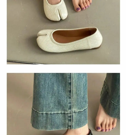French Retro Split Toe Ballet Flats Women Red Woven Detail Tabi Slip On Shoe Woman Faux Leather Moccasin Daily Work Office Flats